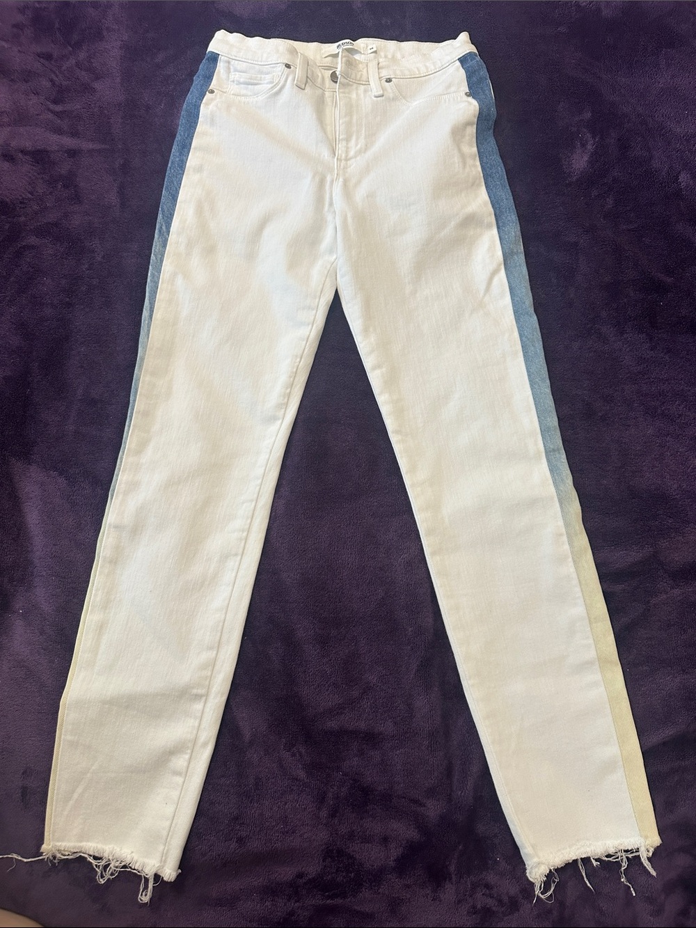 Hudson Barbara skinny 26 White Jeans with Blue and Cream ombré Side Stripes